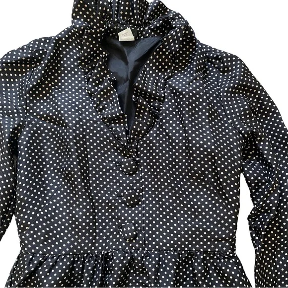 Vintage 1990's J. Crew Babydoll Black White Polka Dot Ruffle Long Sleeve Dress 0 - Picture 2 of 14